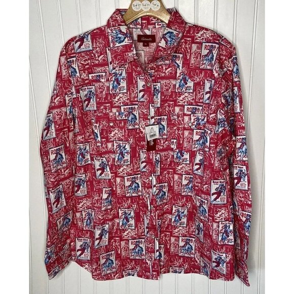 Panhandle NWT Jrs XL Hot Pink L/S Pearl Snap Pockets Rodeo Print Cotton Shirt - Picture 1 of 16